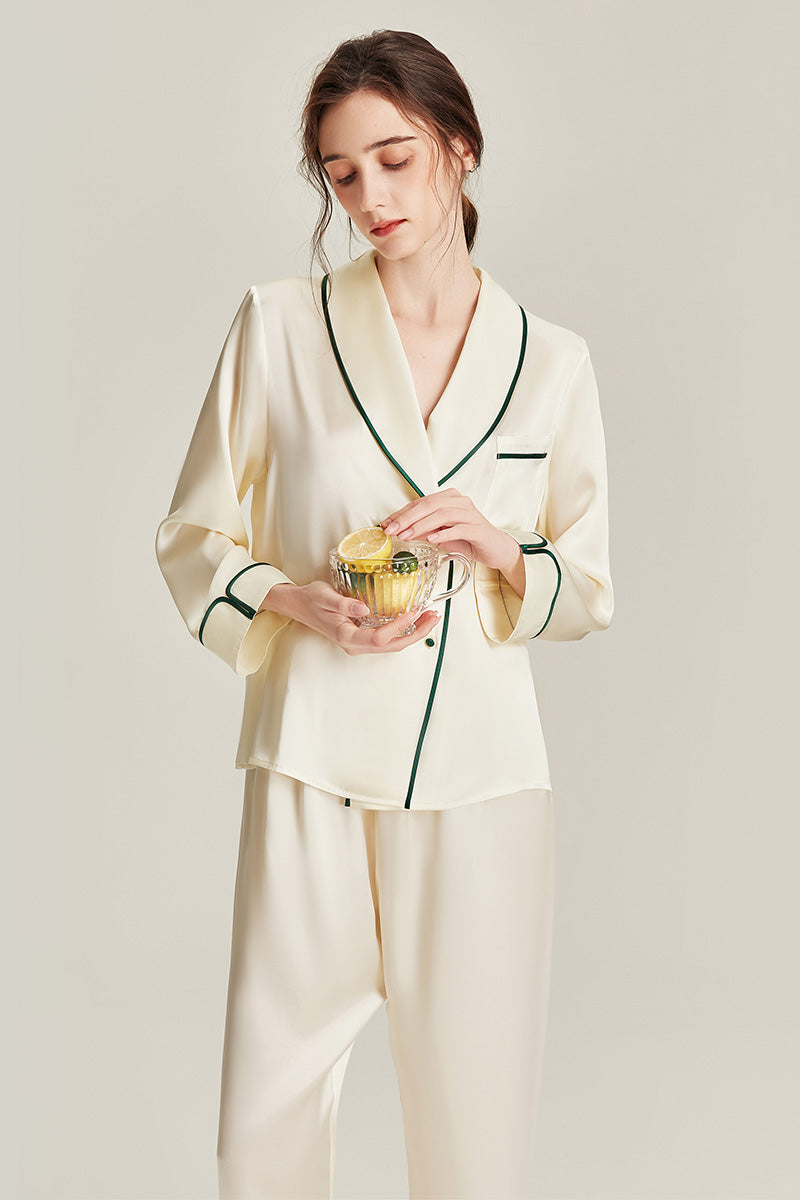 100% Mulberry Silk Piped Pyjama Set