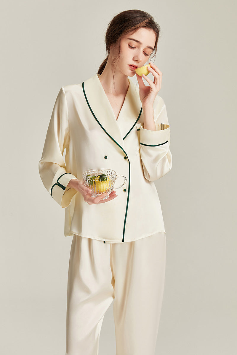 100% Mulberry Silk Piped Pyjama Set