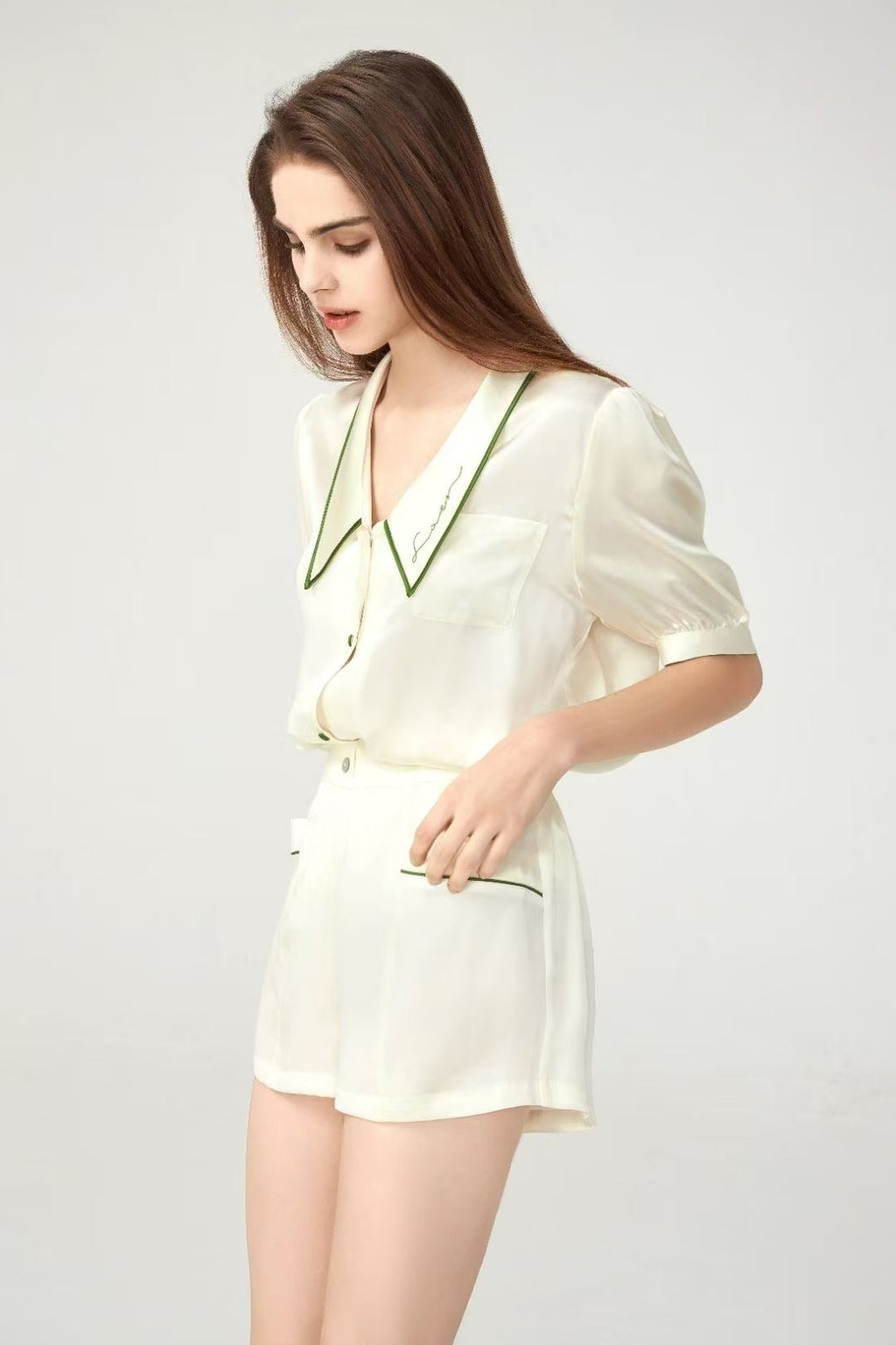 100% Mulberry Silk Piped Short Pyjama Set – Apricot Blush & Cream Green