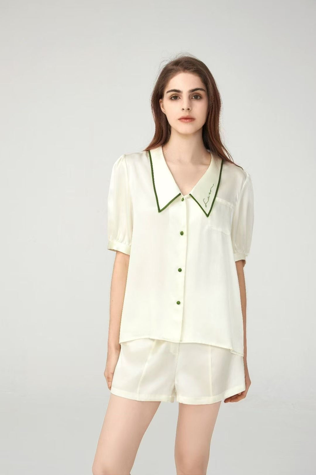 100% Mulberry Silk Piped Short Pyjama Set – Apricot Blush & Cream Green