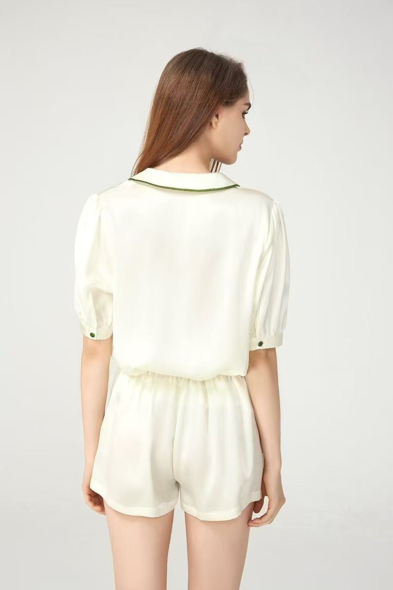 100% Mulberry Silk Piped Short Pyjama Set – Apricot Blush & Cream Green