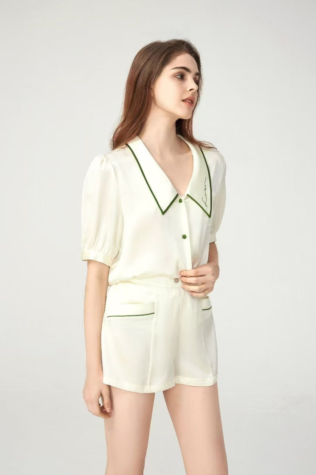 100% Mulberry Silk Piped Short Pyjama Set – Apricot Blush & Cream Green