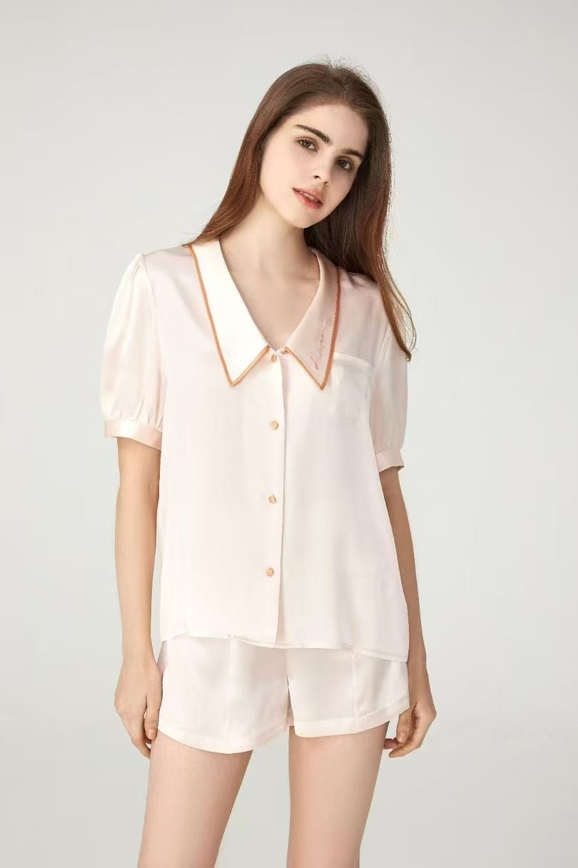 100% Mulberry Silk Piped Short Pyjama Set – Apricot Blush & Cream Green