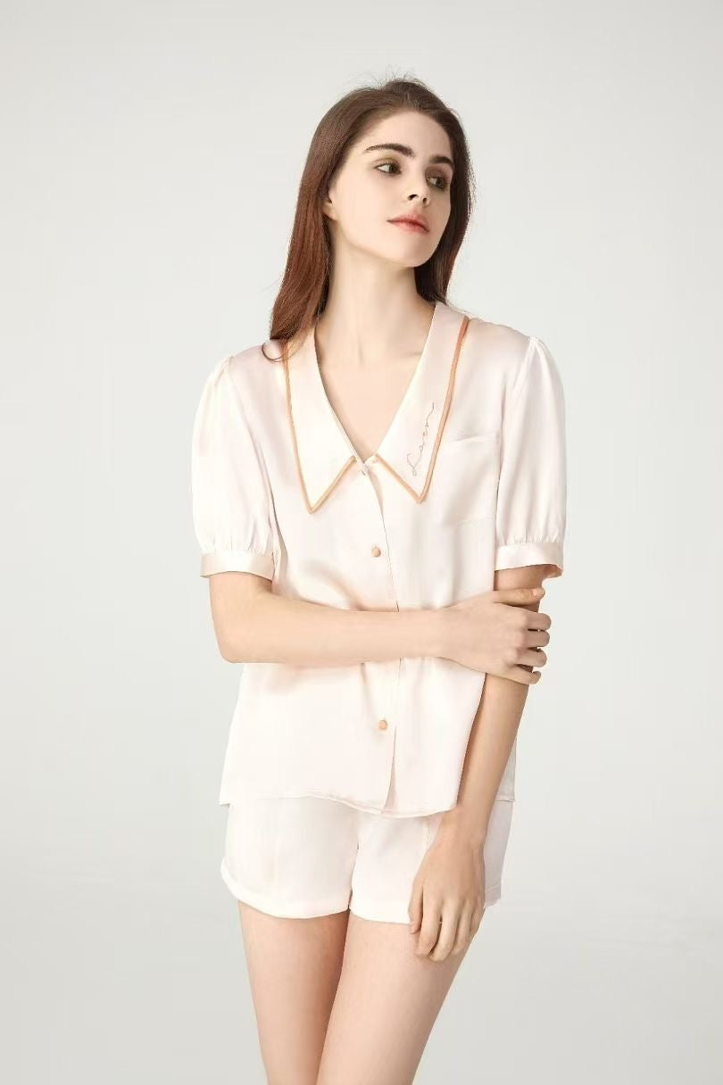 100% Mulberry Silk Piped Short Pyjama Set – Apricot Blush & Cream Green