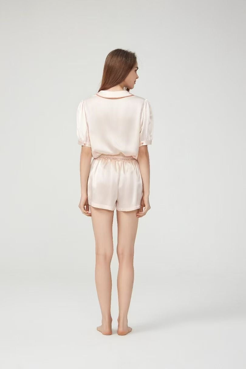 100% Mulberry Silk Piped Short Pyjama Set – Apricot Blush & Cream Green