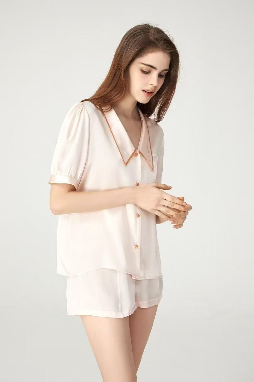 100% Mulberry Silk Piped Short Pyjama Set – Apricot Blush & Cream Green