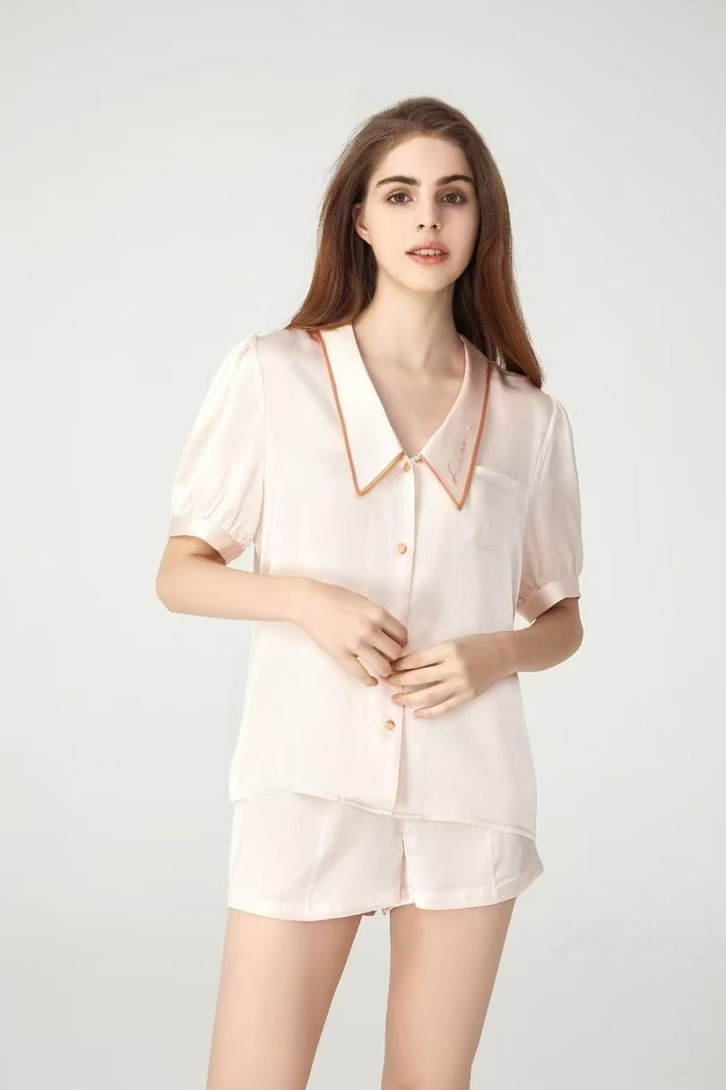 100% Mulberry Silk Piped Short Pyjama Set – Apricot Blush & Cream Green