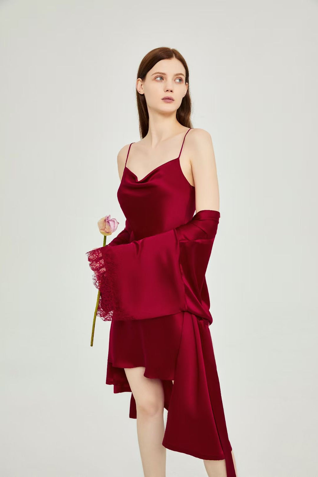 Scarlet Dusk – 100% Mulberry Silk Cowl Neck Slip Dress