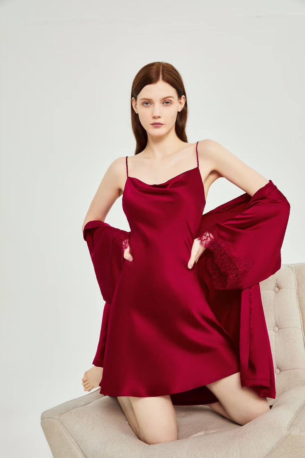 Scarlet Dusk – 100% Mulberry Silk Cowl Neck Slip Dress